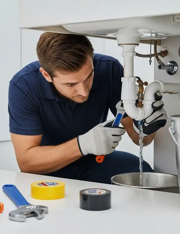 Emergency-Plumber-Fixing-Leaking-Pipe-Under-Kitchen-Sink